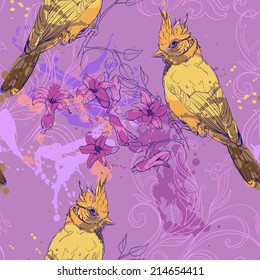 seamless pattern with bird, hyacinth flowers and blots of paint