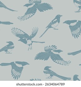 Seamless pattern with bird, magpie. Hand drawn vector illustration.