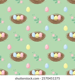 Seamless pattern with bird nest, colourful easter eggs and pink flowers on a light green background. Vector Easter background.