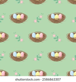 Seamless pattern with bird nest, colourful easter eggs and pink flowers on a light green background. Vector Easter editable background.