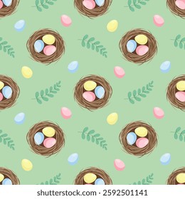 Seamless pattern with bird nest, colourful eggs and green leaves on a light green background. Vector editable Easter background.