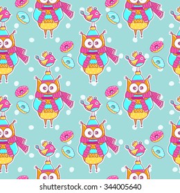 Seamless pattern with bird, owl and cakes