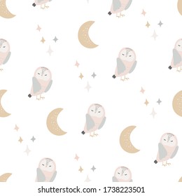 Seamless pattern bird Owl with moon and stars. Cute animal cartoon characters. Design ideas for printing, gift wrapping background, children's clothing, textile, vector illustrations.