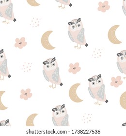 Seamless pattern bird Owl with moon and flowers. Cute animal cartoon characters. Design ideas for printing, gift wrapping background, children's clothing, textile, vector illustrations.