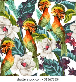 Seamless pattern with bird of Paradise and exotic flowers