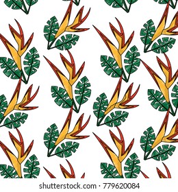 seamless pattern bird of paradise flower leaves tropical