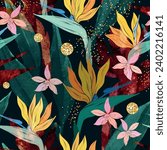 Seamless pattern of Bird of paradise flowers, jungle plants and leaves, watercolor texture. Wallpaper design. Modern style.