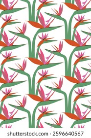 Seamless pattern with Bird of Paradise flowers. Tropical floral background with exotic hand-drawn stylized Strelitzia. Elegant vector illustration in flat style for fashion prints, textile, wallpapers