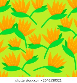 Seamless pattern of bird of paradise flowers on green background