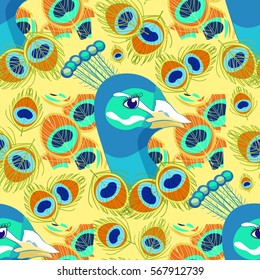 seamless pattern Bird peacock feather on a yellow vector illustration