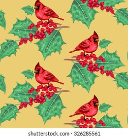 Seamless pattern with a bird Red Cardinal on a branch of holly on a gold background. Vector. Xmas design.