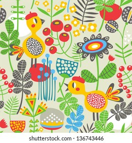 Seamless pattern with bird in red head. Cute floral background in vector.