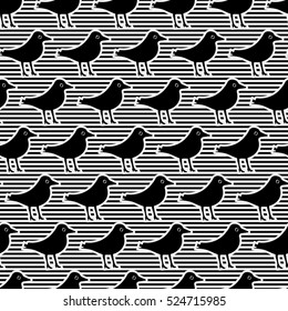 Seamless pattern with a bird in shoes with heels. Black and white.