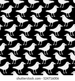 Seamless pattern with a bird in shoes with heels. Black and white.