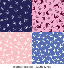 Seamless pattern of bird silhouette blue, navy and pink leaf background elements