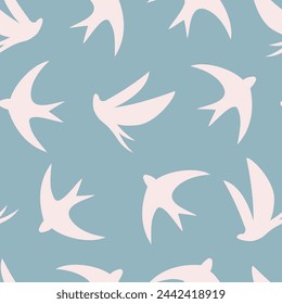 Seamless pattern with bird silhouettes on sea blue background, hand drawn vector illustration