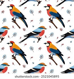 Seamless pattern of bird sitting on a branch. Viburnum. Vector illustration for fabric design, packaging, stationery.