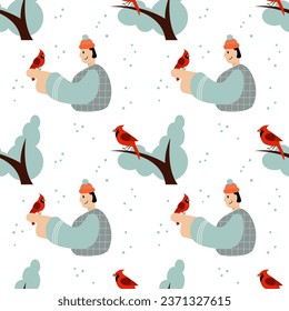 Seamless pattern. Bird watching. Nature lovers, person with ornithology equipment