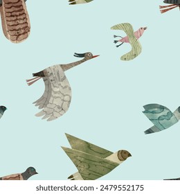 Seamless pattern. Bird, watercolor vector illustration. 