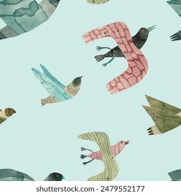 Seamless pattern. Bird, watercolor vector illustration. 