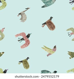 Seamless pattern. Bird, watercolor vector illustration. 