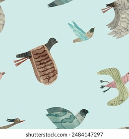 Seamless pattern. Bird, watercolor vector illustration. 