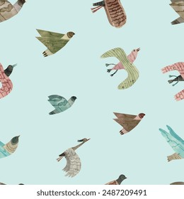 Seamless pattern. Bird, watercolor vector illustration. 