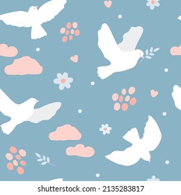 Seamless pattern with a bird of the world pigeon in flight with an olive branch. Sky, heart, clouds. Vector graphics.