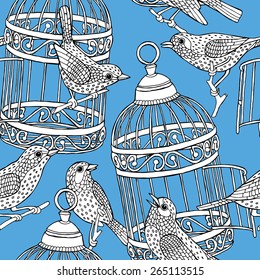 Seamless Pattern Birdcage with Birds Black & White & Blue
