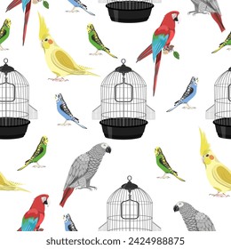 Seamless pattern of birdcage and multi-colored parrots on a white background.Vector pattern for wallpaper, textiles.