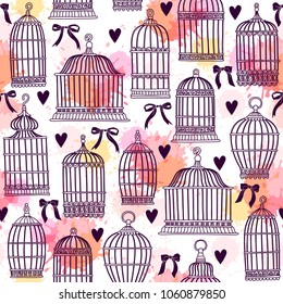 Seamless pattern with birdcages. Freehand drawing. Can be used on packaging paper, fabric, background for different images, etc.