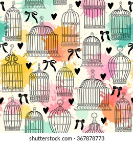 Seamless pattern with birdcages. Freehand drawing.