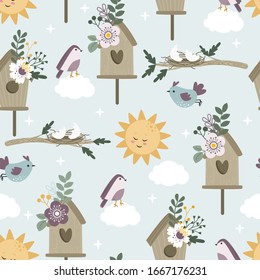 seamless pattern with birdhouse and flower - vector illustration, eps