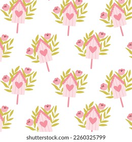 Seamless pattern with birdhouse and flowers. Vector illustration . Flat hand drawn sil. Cute spring print with birdhouse.