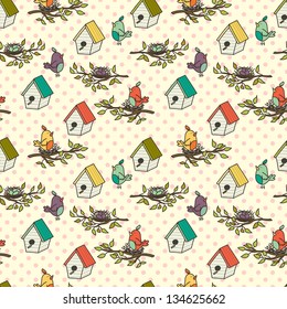 Seamless pattern with birdhouses and birds on the branches on polka dot background. Vector illustration.