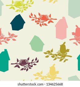Seamless pattern with birdhouses and birds on the branches. Vector background.