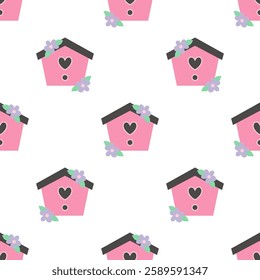 seamless pattern with birdhouses and cute flowers on white background, flat vector illustration for fabric, wallpaper, textile, wrapping paper, easter concept with nesting box