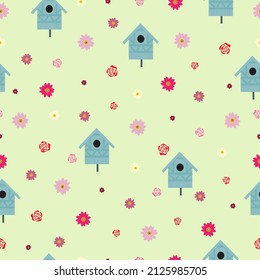 Seamless pattern birdhouses, Gazinia and roses flowers on green background. Cute kids summer floral print with blue wooden birds nesting. Country garden spring repeat motif, vector design eps 10