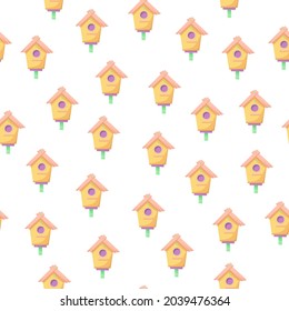 Seamless pattern with birdhouses on a white background. Decorative wooden bird houses. Colorful garden birdhouses for feeding birds
