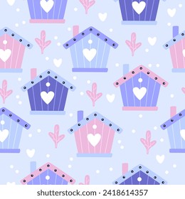 Seamless pattern with birdhouses. Printing on fabric, wrapping paper. Vector illustration