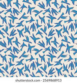 Seamless pattern, birds, abstract, blue, hand drawn, nature, endless, all over print to use textile, fabric, clothing, backdrop, wallpaper, home textile, clothing, fashion, packaging