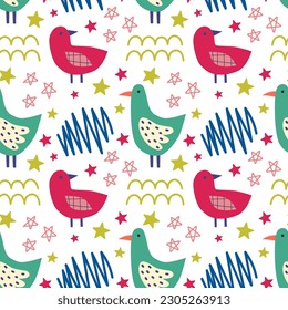 Seamless pattern with birds abstract elements. Vector background with a marine theme.