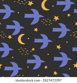 Seamless pattern with birds against the background of the night starry sky with the moon. Abstract dream print. Vector graphics.