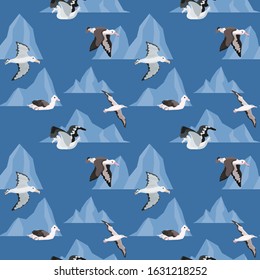 seamless pattern with birds. albatrosses in the icebergs of Antarctica. vector illustration