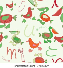 seamless pattern with birds and alphabet