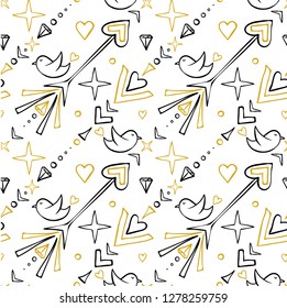 Seamless pattern with birds, arrows, hearts
