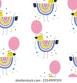 Seamless pattern of birds with balls. Vector illustrations