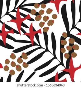 Seamless pattern with birds, berries and branches  in scandinavian style. Great for fabric, textile. Vector background