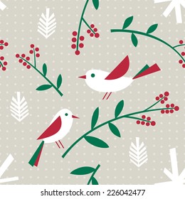 Seamless pattern with birds, berries and flowers. Vector illustration.