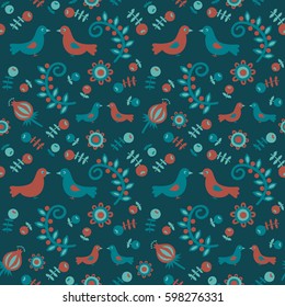 Seamless pattern with birds, berries and flowers. Vector illustration.